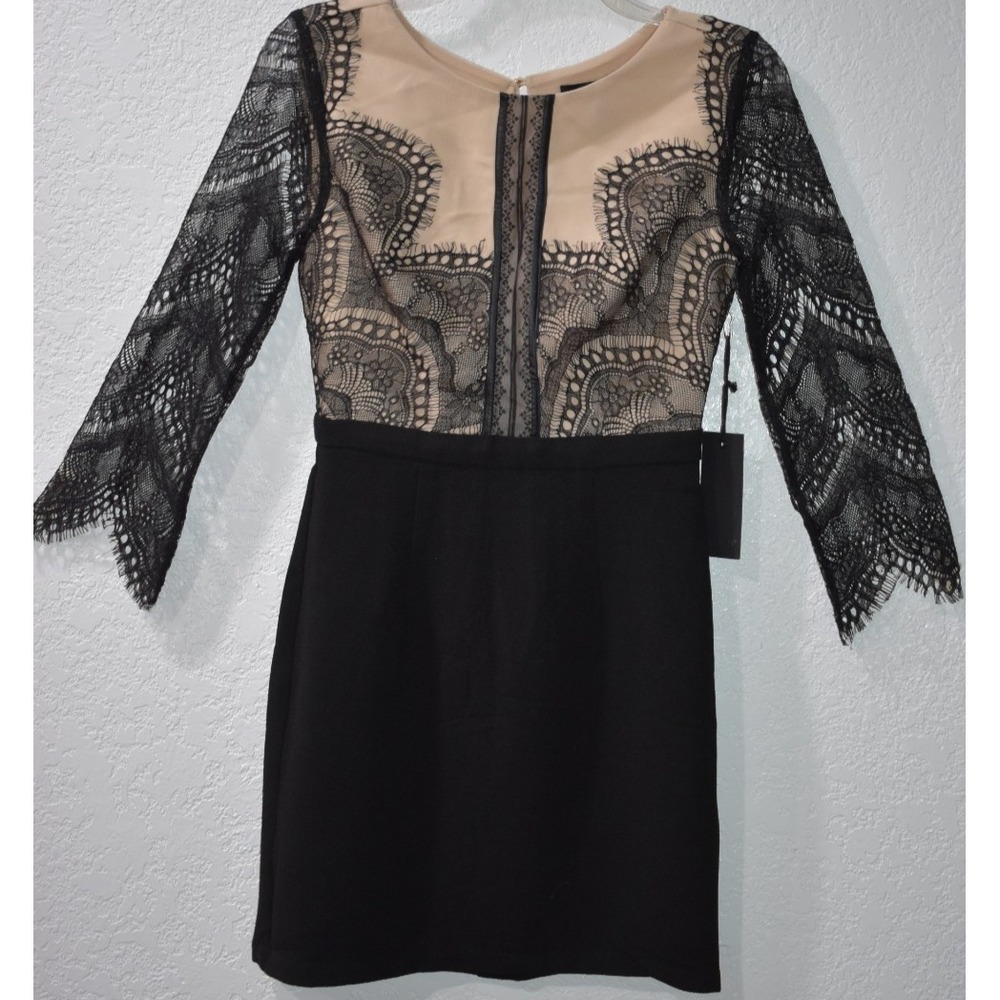 Forever‎ 21 Black Lace Beige Illusion Long Sleeve Dress Size SMALL NEW w/Tags